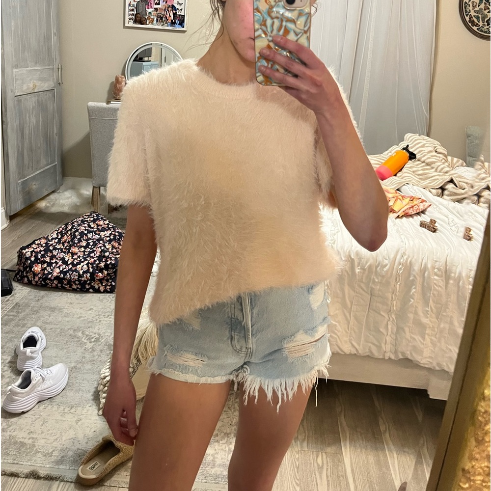 Pink Short Sleeve Fuzzy Sweater